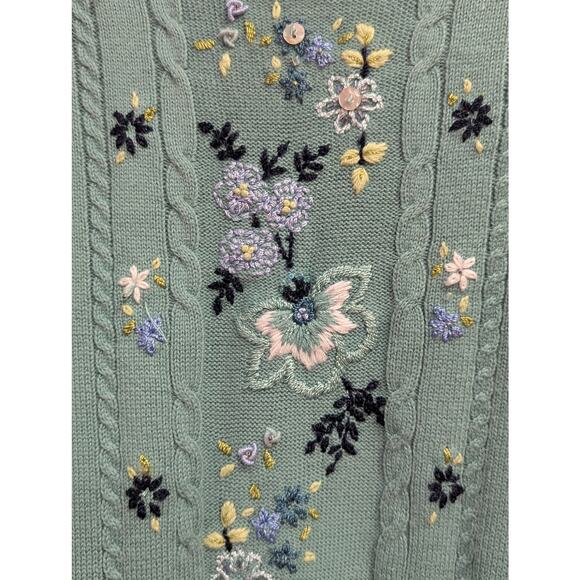 Pretty VINTAGE 1990s Alfred Dunner aqua short sleeve knit floral sweater size M - Picture 4 of 9